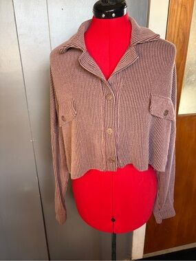 Altar'd State Cropped Rib-Knit Button Cardigan in Mauve